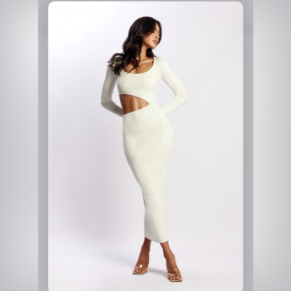 NWT Meshki Gaia Cut Out Asymmetric Knitted Midi Dress - White